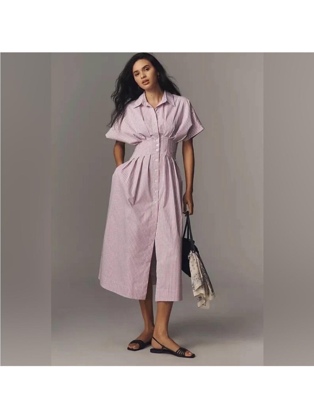 Exquise/Anthropolie Elegant Purple Striped Midi Shirt Dress with Defined Waist